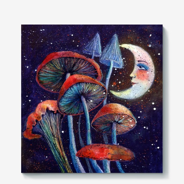 Холст «Луна (месяц) и грибы. Летняя ночь.»