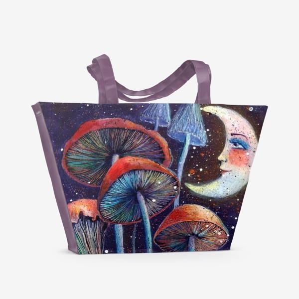 Пляжная сумка «Луна (месяц) и грибы. Летняя ночь.»
