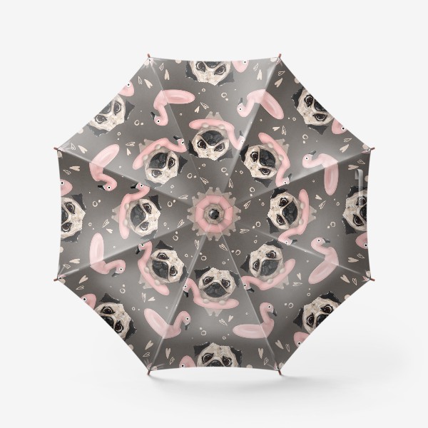 Зонт «Смешные мопсы в плавательном круге фламинго, паттерн с собаками, для хозяев мопсов, для собачников, детская иллюстрация»