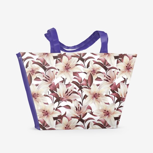Пляжная сумка «Лилии на белом. Цветочный паттерн»