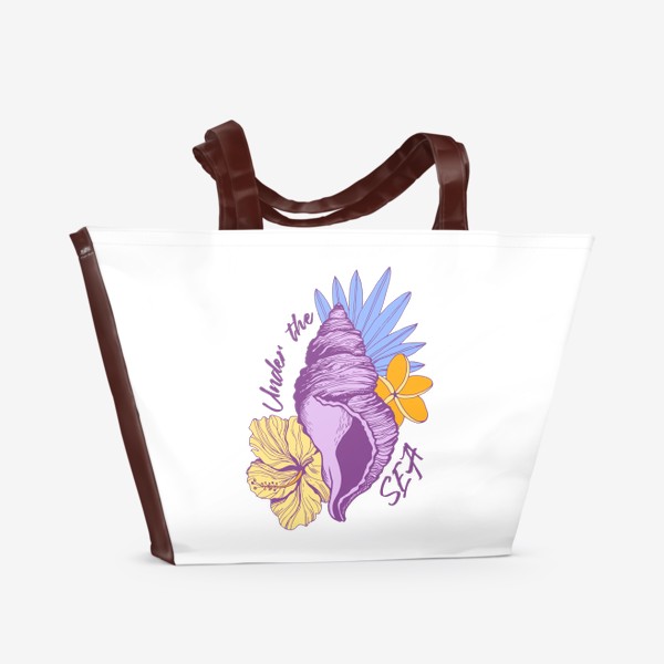 Пляжная сумка «Летний принт на морскую тему. Сиреневая ракушка и цветы »