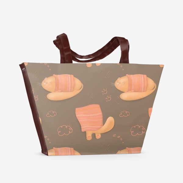 Пляжная сумка «Спящие котики, оранжевый кот, сонный котик, для кошатницы, любителя кошек, бабушки. Вязаный плед, уютная осень, зима»