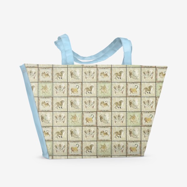 Пляжная сумка «Паттерн в квадрат с мифическими животными и растениями»