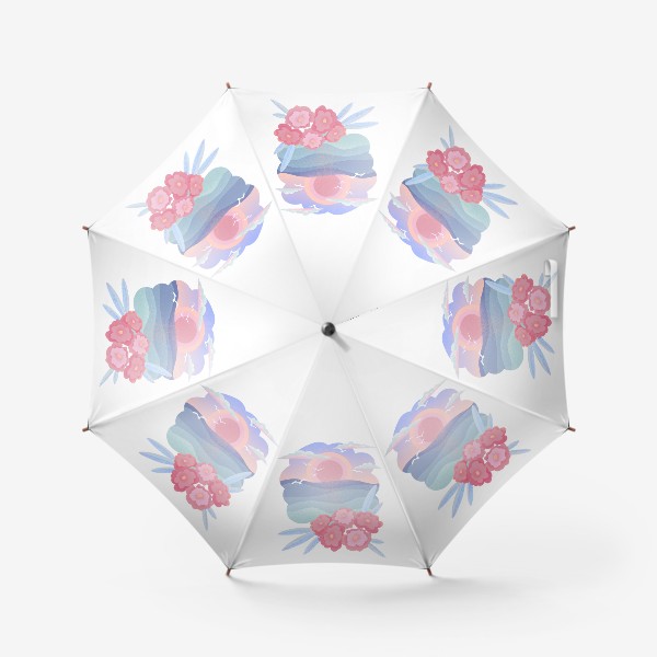 Зонт «Стильный морской принт: море, закат, чайки, цветы»