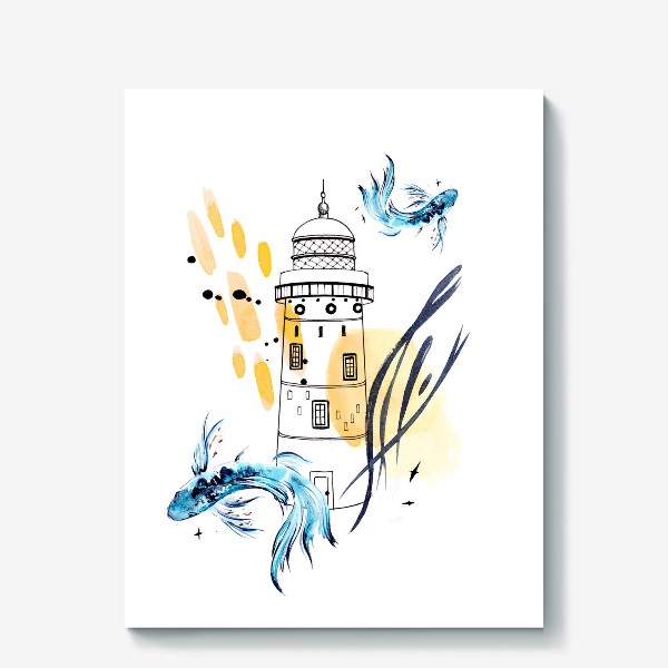 Холст «маяк и рыбки»