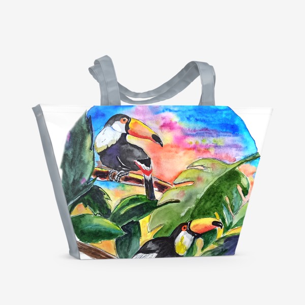 Пляжная сумка «Тук-тук птица пальмы закат»