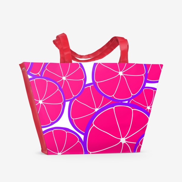 Пляжная сумка «Яркий принт, фрукты, цитрусы, апельсины, мандарины, грейпфрут, розовый, фиолетовый, стильный модный паттерн для девушки »