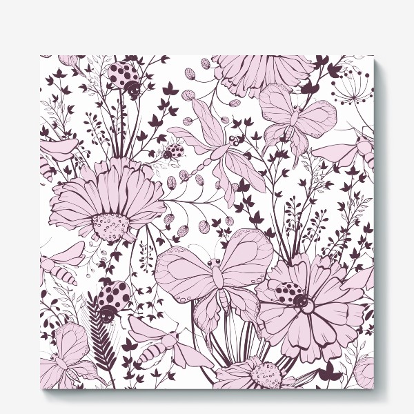 Холст «Бабочки стрекозы мотыльки на лугу в розовом цвете»
