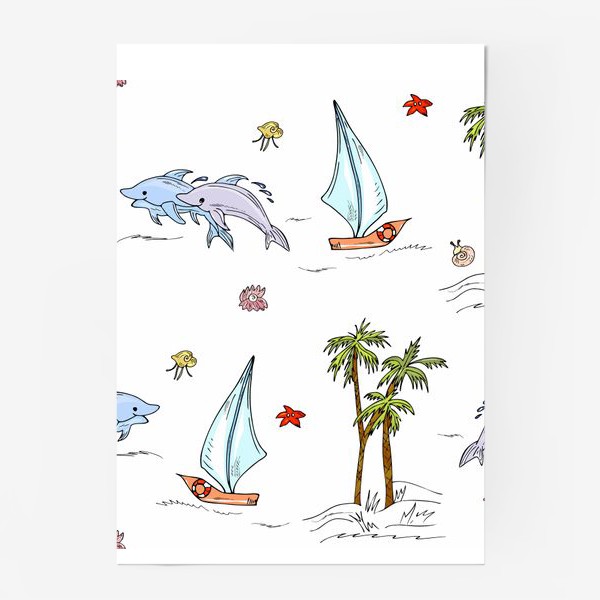 Постер &laquo;дельфины, пальмы, океан&raquo;