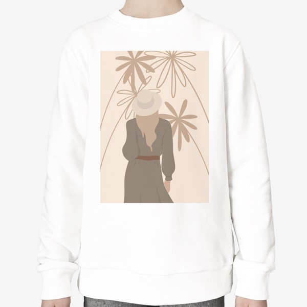 Свитшот «Пляж, пальмы, девушка в платье и шляпе, путешествия, минимализм, солнце, лето. Стильный принт для футболки»