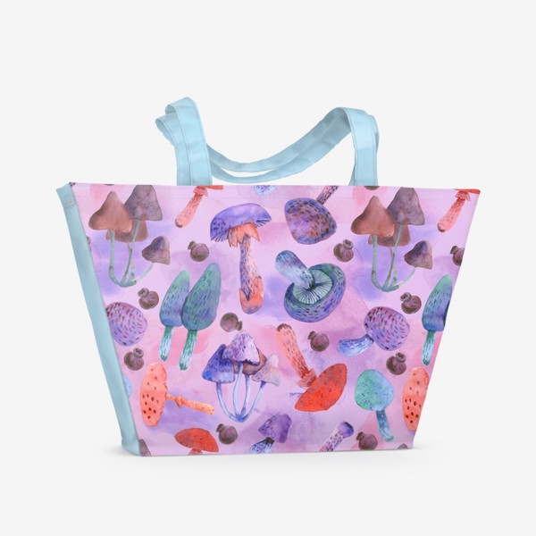 Пляжная сумка «Фантастические грибы на розовом фоне»
