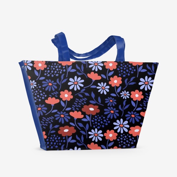 Пляжная сумка «Яркие абстрактные цветочки на черном.»