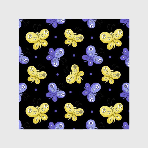 Шторы «Желтые и фиолетовые бабочки на черном»