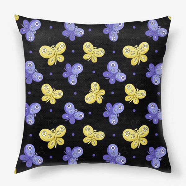 Подушка «Желтые и фиолетовые бабочки на черном»