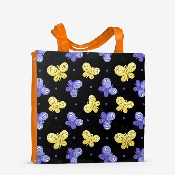 Сумка-шоппер &laquo;Желтые и фиолетовые бабочки на черном&raquo;