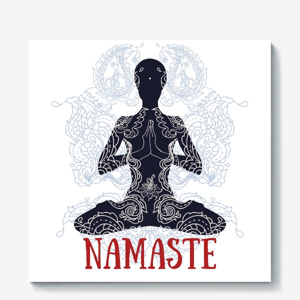 Холст «namaste, принт с человеком в позе лотоса и индийским орнаментом»