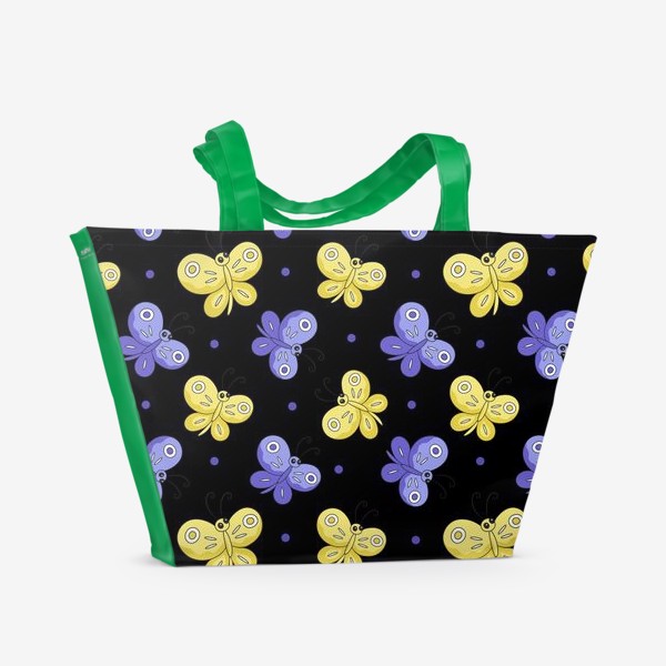 Пляжная сумка &laquo;Желтые и фиолетовые бабочки на черном&raquo;