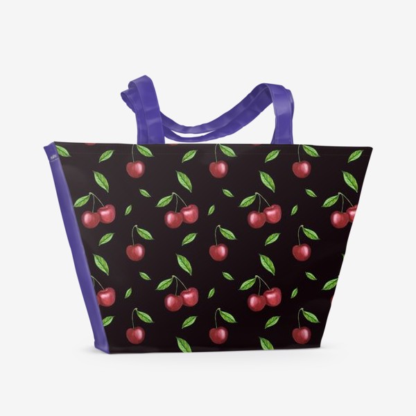 Пляжная сумка «Черешня, вишня на чёрном»
