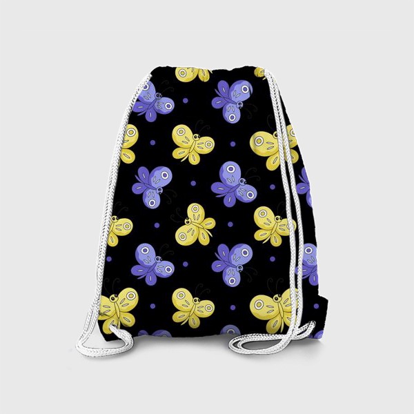 Рюкзак «Желтые и фиолетовые бабочки на черном»