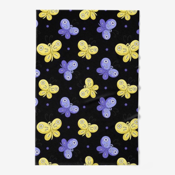 Полотенце «Желтые и фиолетовые бабочки на черном»