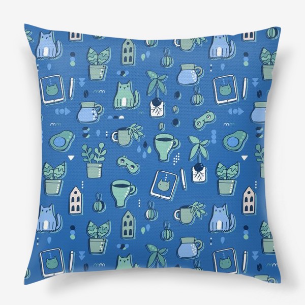 Подушка «Мне уютно. Синий паттерн с котом, кофе, цветами.»