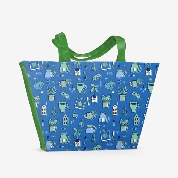 Пляжная сумка «Мне уютно. Синий паттерн с котом, кофе, цветами.»