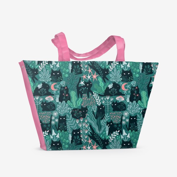 Пляжная сумка «Черный кот и девочка в цветах»