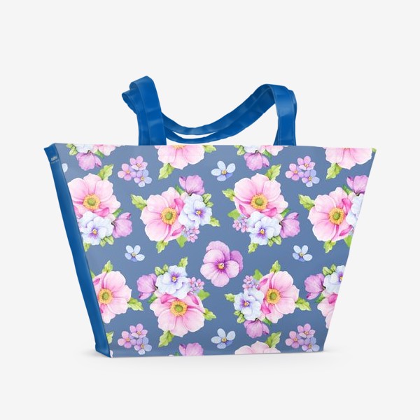 Пляжная сумка «Цветочный принт на синем фоне»