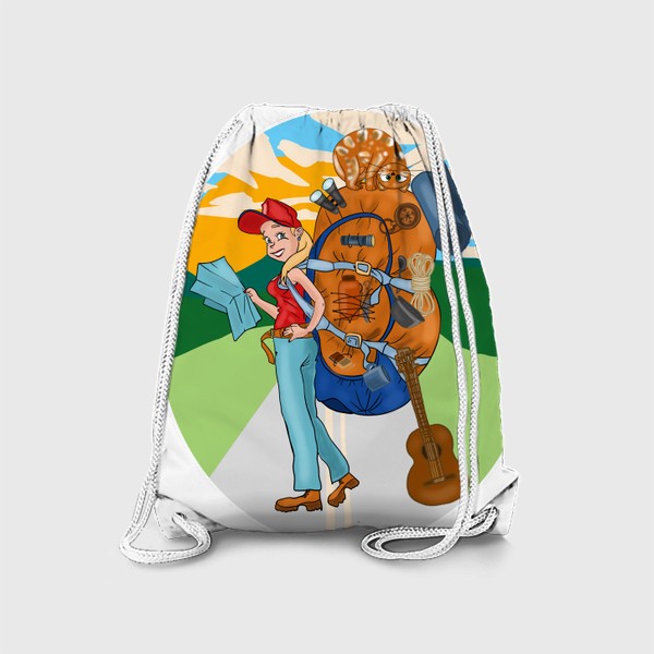 Рюкзак «Туристка с рюкзаком, гитарой и котом»