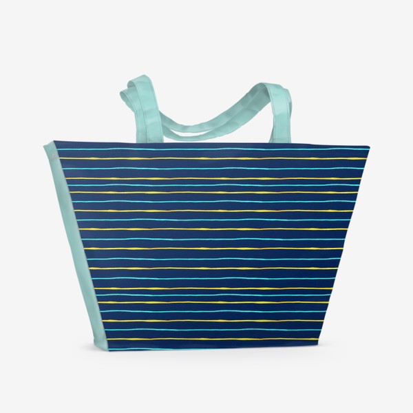 Пляжная сумка «Паттерн акварельные желтые и бирюзовые полоски на тёмно-синем фоне»