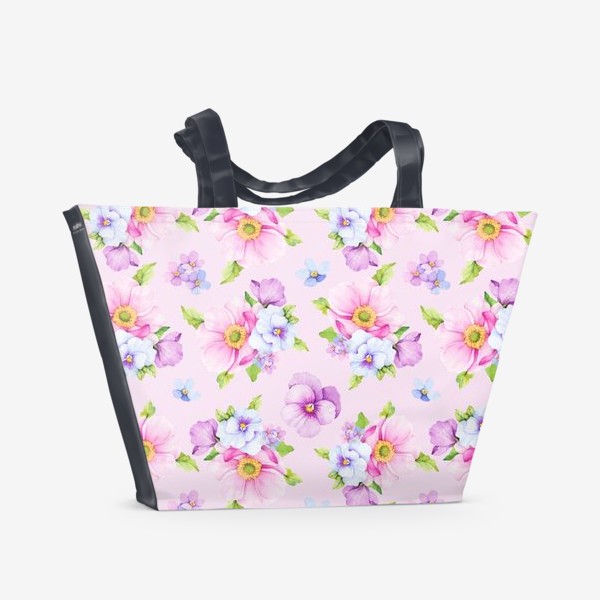 Пляжная сумка «Цветочный принт на розовом фоне»