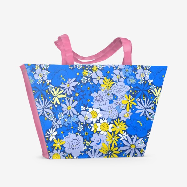 Пляжная сумка «Цветочный хоровод в голубом, синем, белом и жёлтом»