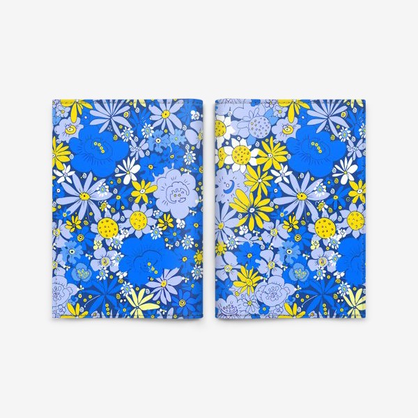 Обложка для паспорта «Цветочный хоровод в голубом, синем, белом и жёлтом»