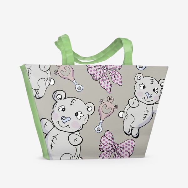 Пляжная сумка «Детский паттерн с плюшевыми мишками, бантами и погремушками »