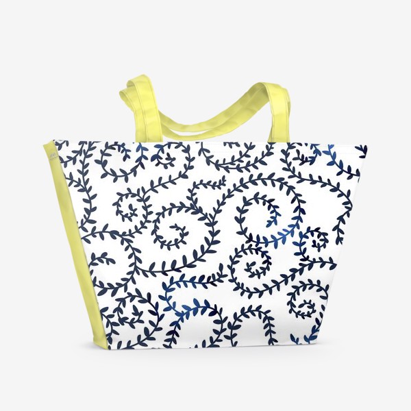 Пляжная сумка «Паттерн с закручивающимися ветками, синее на белом»