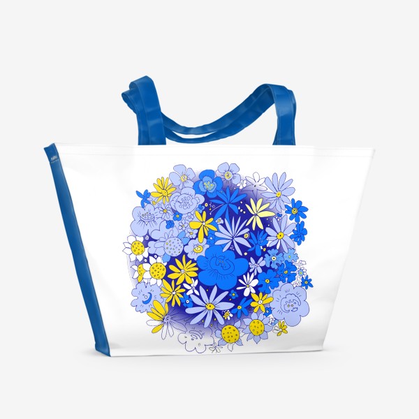 Пляжная сумка «Цветочный хоровод в голубом, синем, белом и жёлтом»