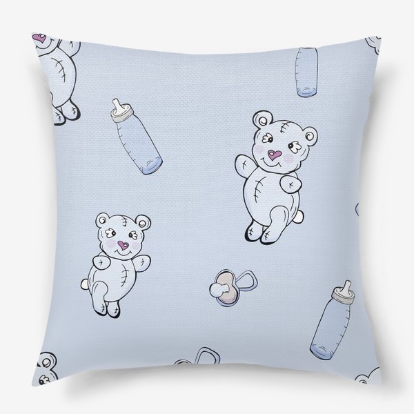 Подушка «Детский паттерн с плюшевыми мишками, сосками и бутылочками»