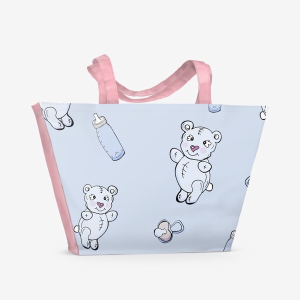 Пляжная сумка «Детский паттерн с плюшевыми мишками, сосками и бутылочками»