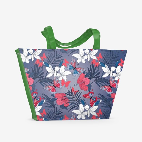 Пляжная сумка «Паттерн с тропическими цветами и бабочками»