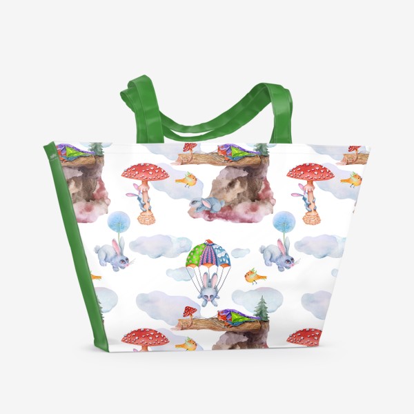 Пляжная сумка «Акварельный паттерн/ бесшовный рисунок кролик в полете»