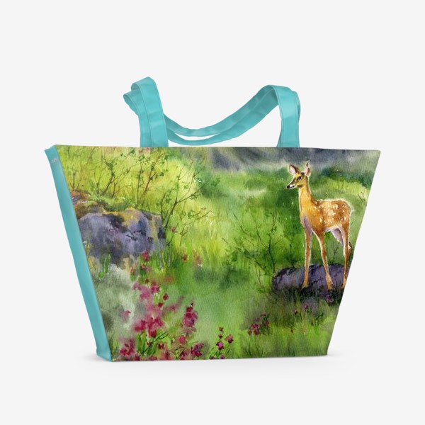 Пляжная сумка «Волшебный олененок акварель»