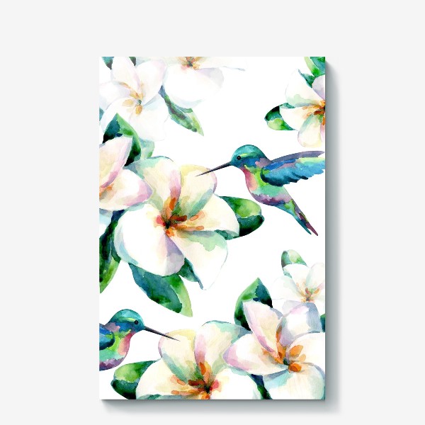 Холст «Акварельные тропические цветы и колибри»