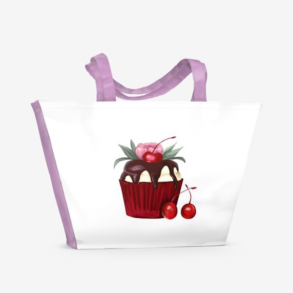 Пляжная сумка «Капкейк с вишнями и цветком. Дессерт»