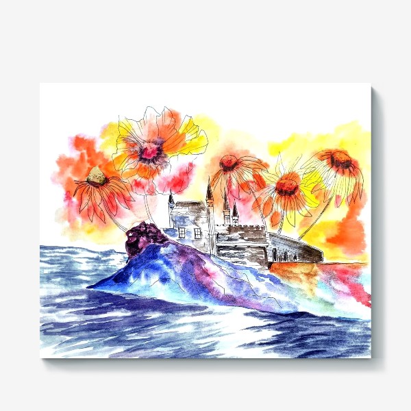 Холст «замок море цветы»