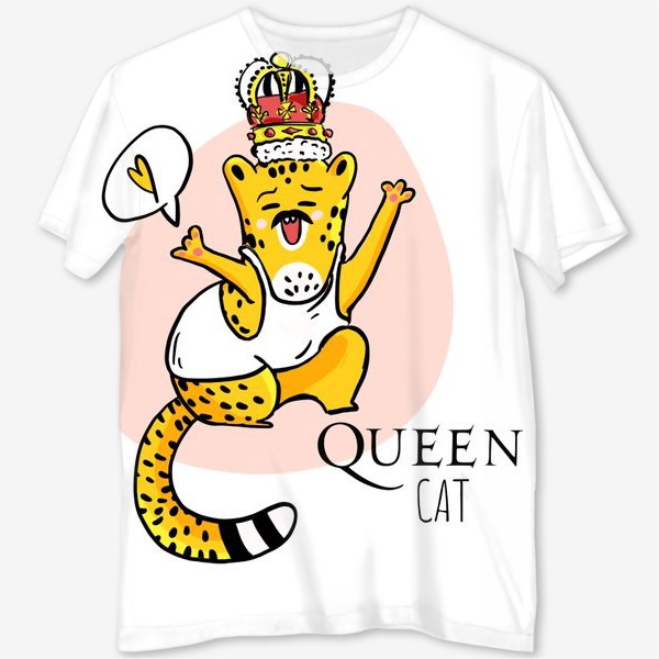 Футболка с полной запечаткой «Кот Queen Леопард Котики Король Музыка группа Квин Фанарт»