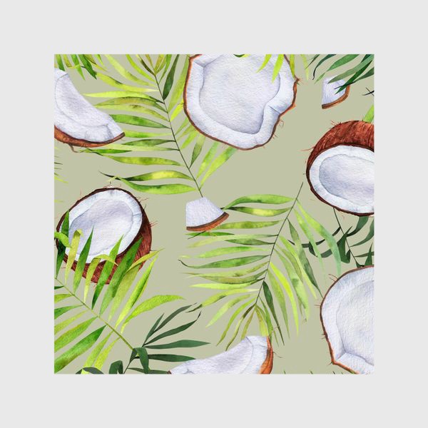 Шторы «Кокосы и листья на оливковом. Тропический паттерн»
