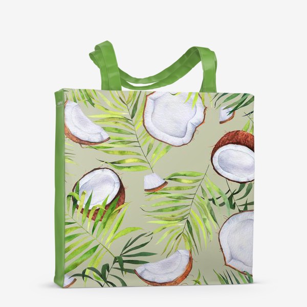 Сумка-шоппер «Кокосы и листья на оливковом. Тропический паттерн»