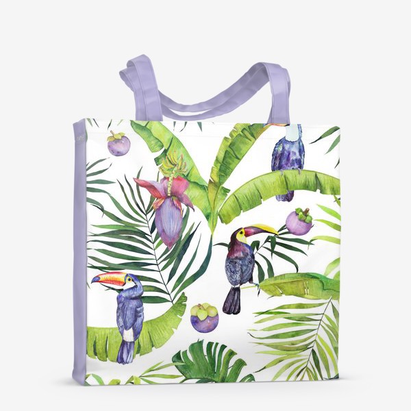 Сумка-шоппер «Туканы и тропические листья. Акварельные тропики на белом»