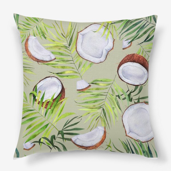 Подушка «Кокосы и листья на оливковом. Тропический паттерн»