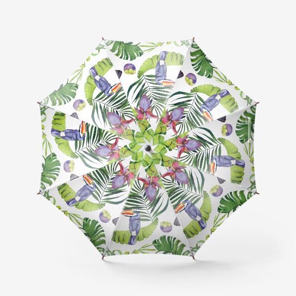 Зонт «Туканы и тропические листья. Акварельные тропики на белом»